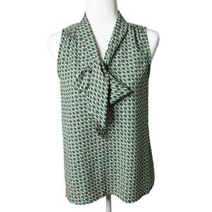 Maison d’Amelie Paris Women's Sleeveless Blouse XS Green Patterned Tie-Neck Top